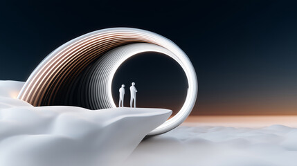 Abstract Figures Gaze at Luminous Gateway