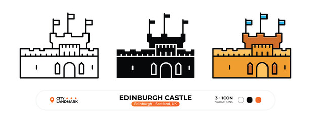 Edinburgh Castle, Line Icon. Edinburgh, Scotland, UK, Landmark, Silhouette, Color Vector, Editable Stroke. © Chan Vectors