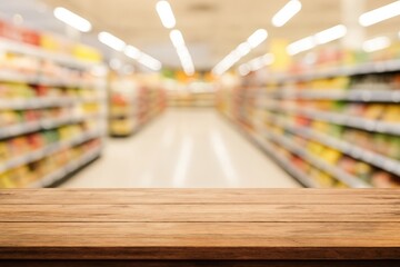 Empty wooden table in front of blurred supermarket aisle background with bright lighting and stocked shelves