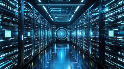 Modern data center server rooms filled with technological processing power