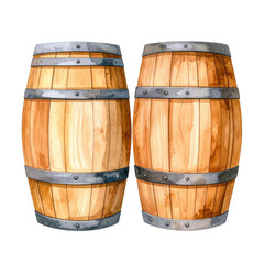 Fototapeta premium Watercolor illustration featuring two classic wooden barrels with metal hoops. Ideal for designs related to beverages, storage, or rustic themes.