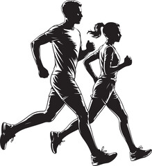 Running man and woman black silhouette isolated vector illustration. Running couple, jogging couple.