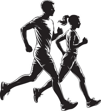 Running man and woman black silhouette isolated vector illustration. Running couple, jogging couple.