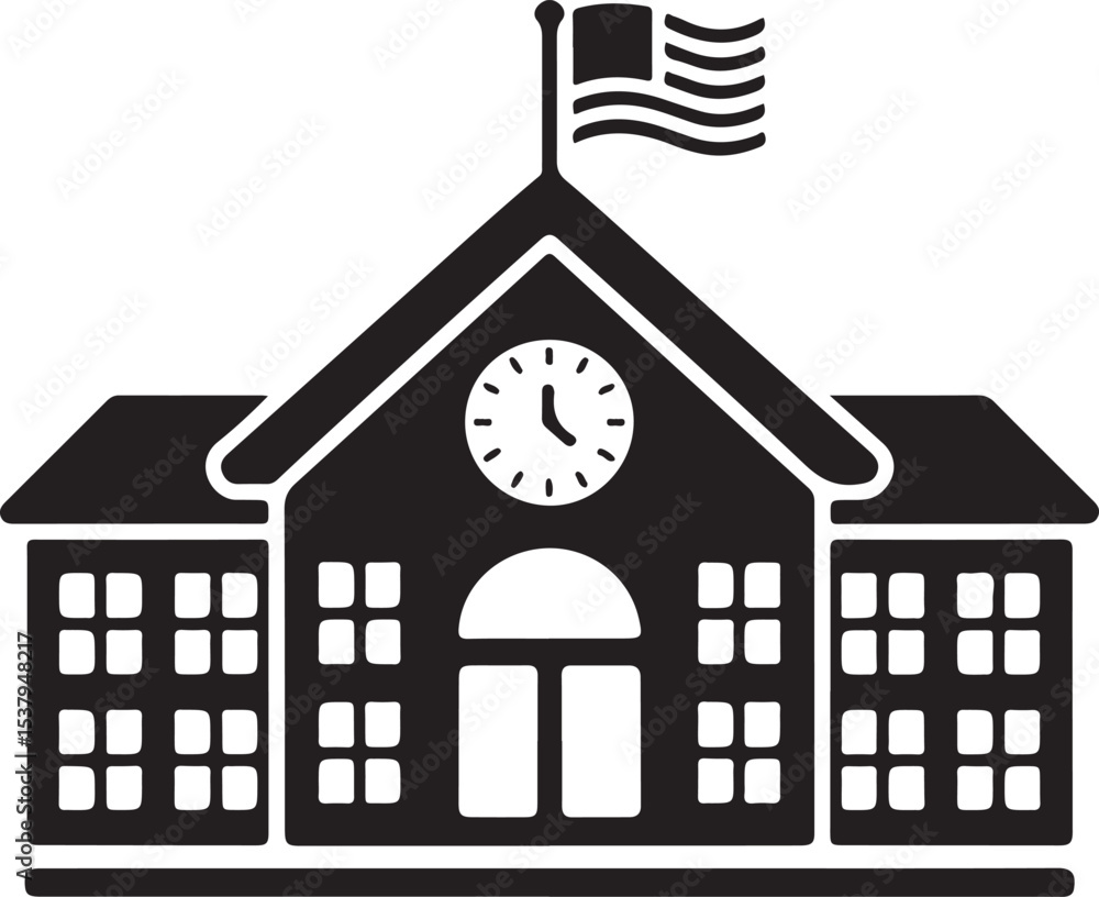 Poster school building with clock and flag flat icon for apps and websites