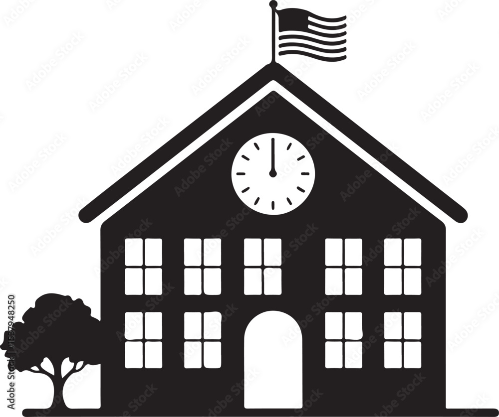 Poster school building with clock and flag flat icon for apps and websites