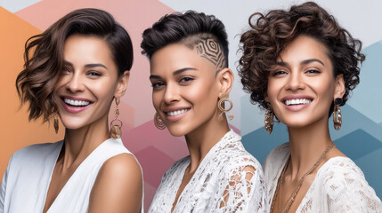 a vibrant and stylish image featuring three indian women side by side, each showcasing a different short hairstyle that exudes boldness and beauty.