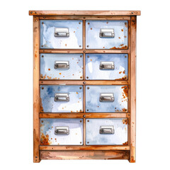 A rustic watercolor illustration of an old wooden cabinet featuring multiple distressed metal drawers with handles, perfect for vintage or industrial themed designs.
