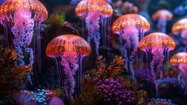 Very realistic and glowing deep sea coral reef with jellyfish