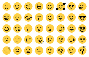 Hand-drawn emotive face icon set (yellow)