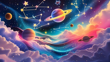 Celestialthemed background with handdrawn constellations, stars, and planets, creating a whimsical and dreamy atmosphere, ideal for decorative and artistic themes