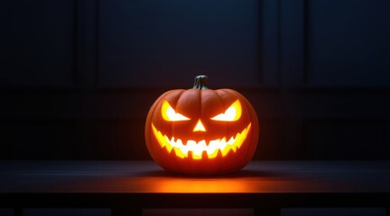 carved glowing pumpkin jack o lantern with sharp eyes and creepy smile sitting in darkness halloween night decoration