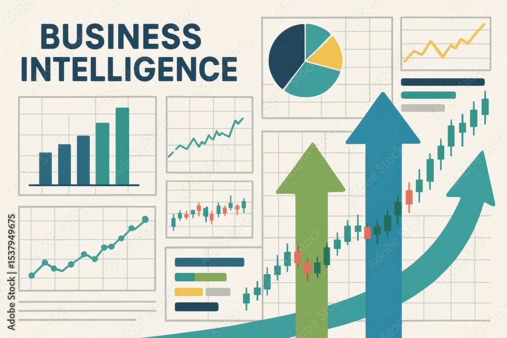 Aufkleber business intelligence data charts with graphs arrows and analytics for financial performance and mar