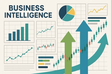 Business intelligence data charts with graphs arrows and analytics for financial performance and market trends