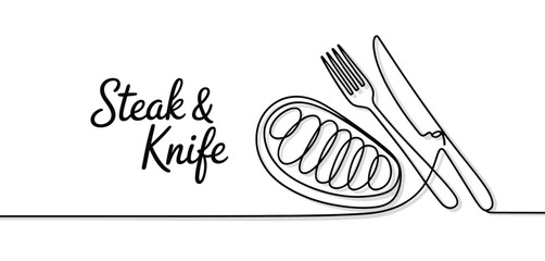 Continuous Line Drawing of Steak Knife and Fork