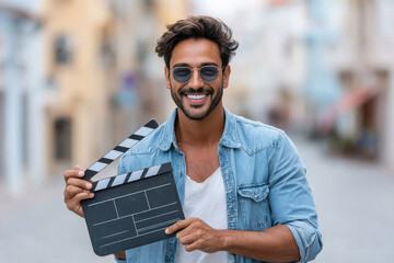 Young indian filmmaker holding a clapperboard ready to start filming, excited expression, casual streetwear, urban backdrop.