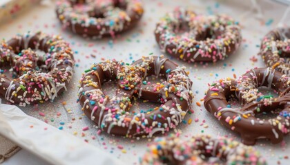 Sweet Chocolate-Dipped Pretzels With Colorful Sprinkles on Parchment Paper
