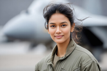 young Indian soldier woman, full body, looking camera, There is a fighter jet in the background