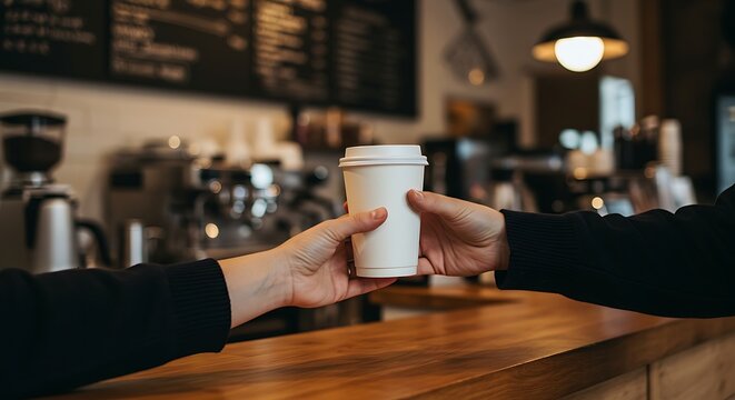 Coffee Shop Transaction Handing Over a Takeaway Cup of Coffee