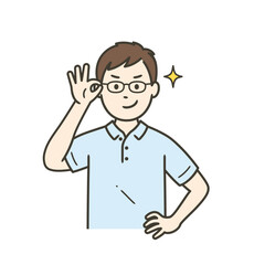 眼鏡を上げてニヤリと笑い自信を見せる若い男性介護士
