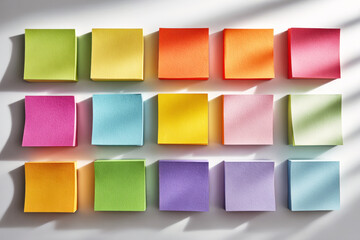 Naklejka premium Grid of colorful sticky notes on wall in sunlight. Minimal project planning board. Concept of brainstorming
