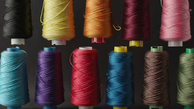 Colorful thread spools close up view