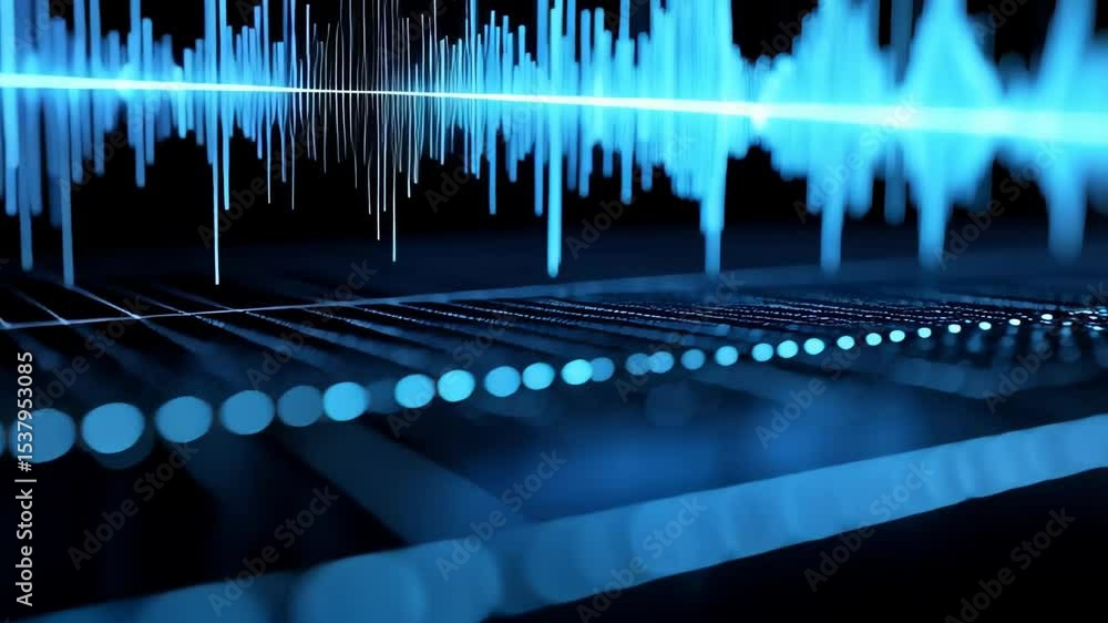 Poster animated blue waveform visualization, data analytics, audio analysis, and graphical sound representa