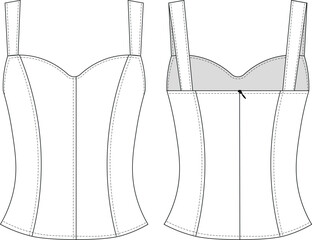 sleeveless strappy strapped shoulder straps sweetheart neck princess darted tailored zippered denim jean blouse top template technical drawing flat sketch cad mockup fashion woman design style model   © sin