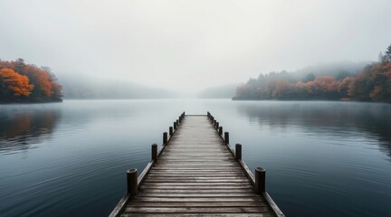wooden dock surrounded by autumn forest over calm water with early morning mist atmospheric landscape for relaxation