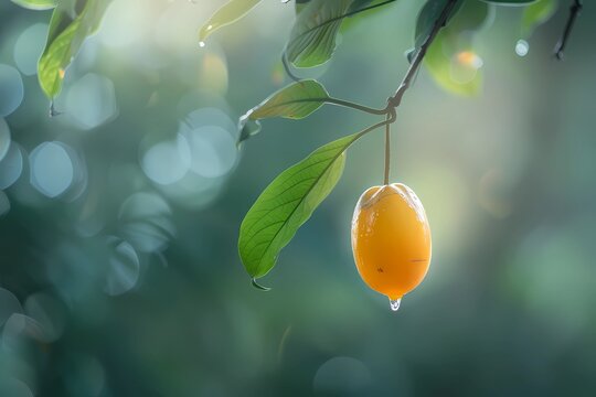 Ripe Marian Plum or Buah Kundang Hanging on Tree with Soft Tropical Light