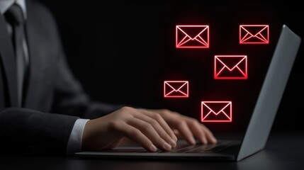 hand of businessman typing on laptop with red envelope icons in air, email government communication concept	
