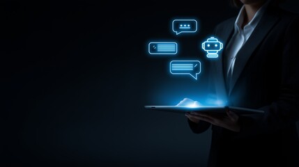 businessman holding tablet with robot icon and word bubbles icon floating in air, chat bot and Ai assistant in business background concept