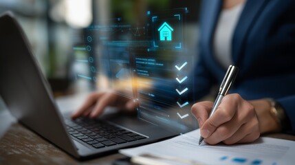 businessman working with hologram screen showing real estate with check list, investment analysis concept	
