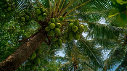 view from below, tilt shot  fruitful coconut tree