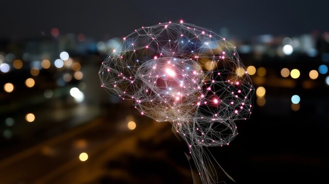 brain made of light polygon style floating with cityscape as background, Ai technology concept