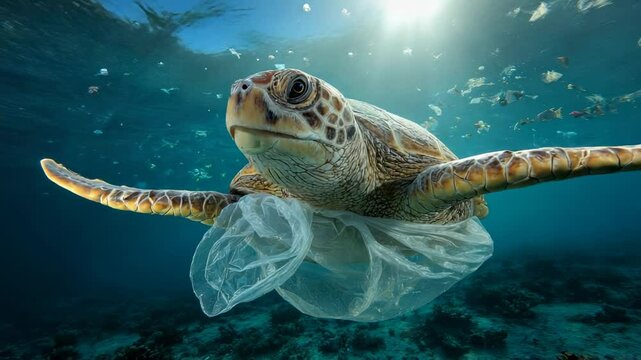 Sea turtle swimming, being stuck with a plastic bag in a polluted sea