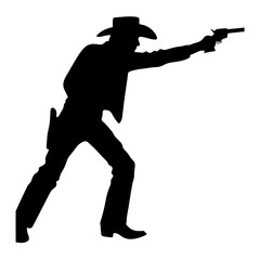 "Cowboy Silhouette Pictogram in Action: A Western Icon Depicting Wildwest Shooting Style with Gun and Pistol in Hand"