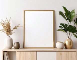 Golden framed blank canvas on wooden cabinet with vases and plants in a bright room