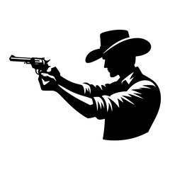 "Cowboy Silhouette Pictogram in Action: A Western Icon Depicting Wildwest Shooting Style with Gun and Pistol in Hand"