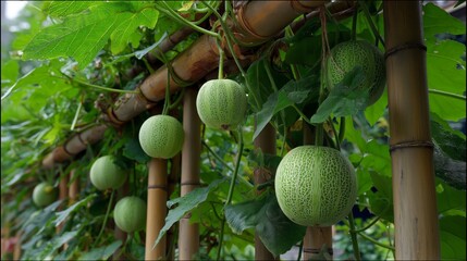 fruitful melon plant with fruit hanging on it vine  with blur plantation background