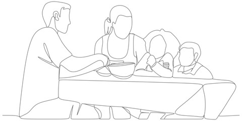 vector line art design illustration of a father cutting a watermelon to share with his children and wife, for the summer bank holiday