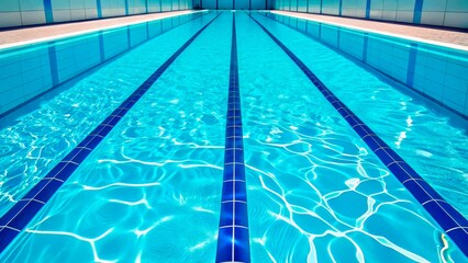 Crystal clear swimming pool with vibrant blue tiles reflecting sunlight on a warm day in a public leisure center
