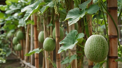 fruitful melon plant with fruit hanging on it vine  with blur plantation background