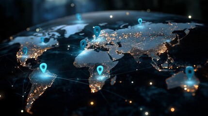digital world map with location sign on map connected with light trail, futuristic theme 