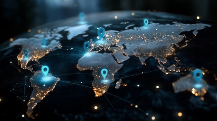 digital world map with location sign on map connected with light trail, futuristic theme 
