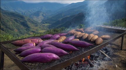 purple sweet potato grilling on barbecue rack at outdoor with nature mountain view, 