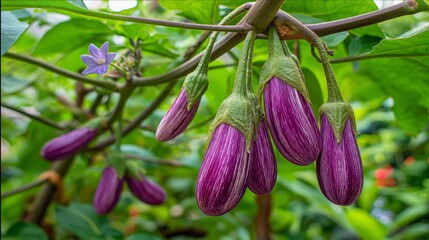 fruitful purple eggplant in plantation 