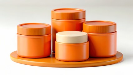 Collection of orange jars arranged on a round tray for decorative display in a minimalistic setting