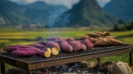 purple sweet potato grilling on barbecue rack at outdoor with nature mountain view, 