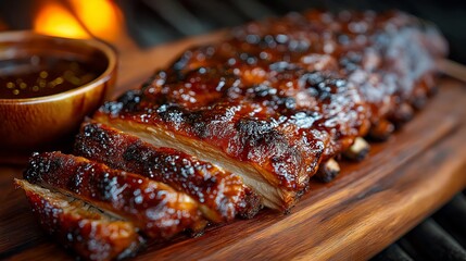 A rack of baby back ribs coated in smoky barbecue sauce, freshly sliced on a wooden board with grill marks
