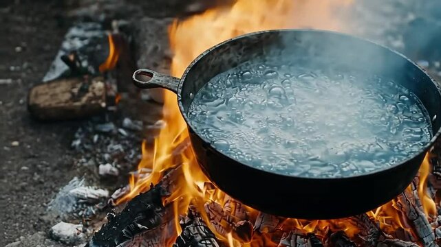A pot of boiling water over a roaring campfire in an outdoor setting.